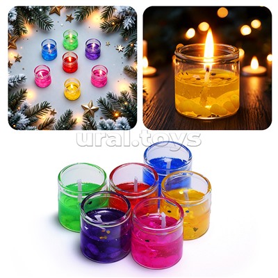 Набор свечей гелевых (6шт х 3*3см) в стаканчике, с блёстками