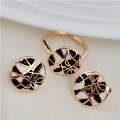 Комплект ювелирной бижутерии коллекция "Дубай" серьги и кольцо 18 р, покрытие позолота, вставка: цветная эмаль, цвет: черный и белый, арт.313.212-18