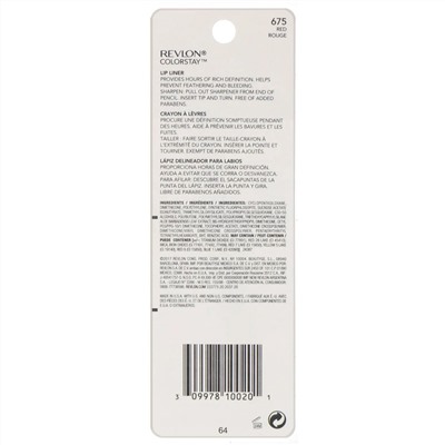 Revlon, Colorstay, контурный карандаш для губ, оттенок 675 красный, 0,28 г (0,01 унции)