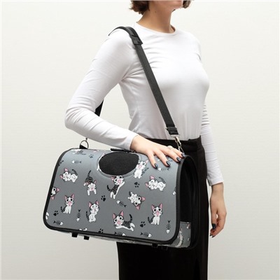 Сумка - переноска каркасная «Играющие котики», размер M, 40×21×27 см, серая