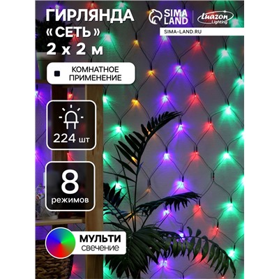 Гирлянда «Сеть» 2×2 м, IP20, тёмная нить, 224 LED, 8 режимов, 220 В, свечение мульти