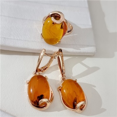 Комплект ювелирной бижутерии коллекция "Дубай" серьги и кольцо 17 р покрытие позолота, вставка: искусственный янтарь, арт.414.231-17