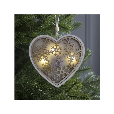 Ёлочная игрушка «Сердце в снежинках», 13×13×1 см, 3 LED, от батареек, свечение тёплое белое