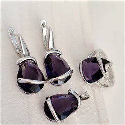 Комплект ювелирная бижутерия серьги, кулон и кольцо 18 р, покрытие: посеребрение, вставка: фианит, цвет: фиолетовый, арт.313.071-18