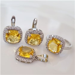 Комплект ювелирная бижутерия серьги, кулон и кольцо 18 р, покрытие: посеребрение, вставка: фианит, цвет: желтый и прозрачный, арт.313.108-18