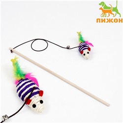 Дразнилка с мышкой (7 см) на деревянной палочке, 40 см, синяя/белая