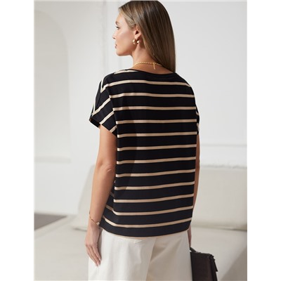 Футболка в полоску с V-вырезом и цельнокроеным рукавом из премиального хлопка