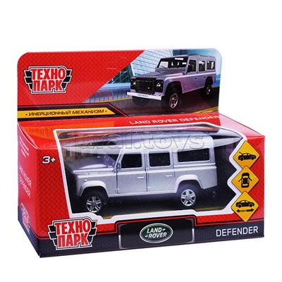Машина металл Land Rover Defender 12 см, (двер, баг, серебристый) инерц, в коробке