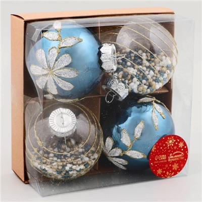 Ёлочные игрушки «Вивьен», шары новогодние, d=8 см, набор 4 шт., бело-синий