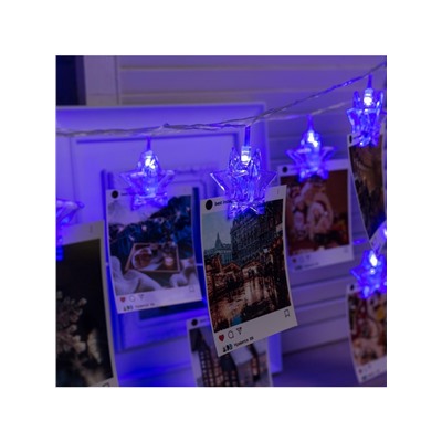 Гирлянда «Нить» 4.5 м с насадками «Прищепки-звёзды», IP20, прозрачная нить, 20 LED, свечение синее, 220 В