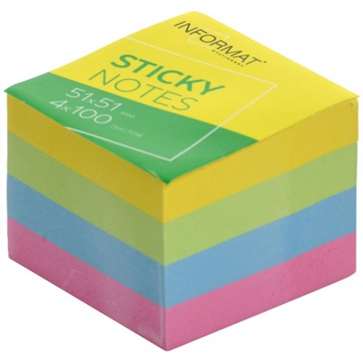 Бумага для заметок с клеевым краем 51х51 мм 400л ассорти пастель 4 цв. без линовки IFSNS51-4P inФОРМАТ