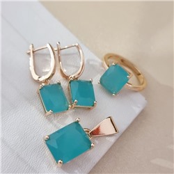 Комплект ювелирной бижутерии коллекция "Дубай" серьги, кулон и кольцо 19 р покрытие позолота, вставка: стекло, цвет: тиффани матовый, арт.215.577-19