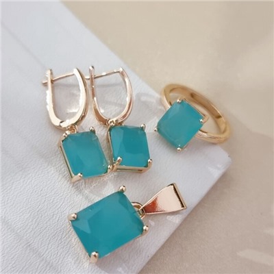 Комплект ювелирной бижутерии коллекция "Дубай" серьги, кулон и кольцо 18 р покрытие позолота, вставка: стекло, цвет: тиффани матовый, арт.215.577-18