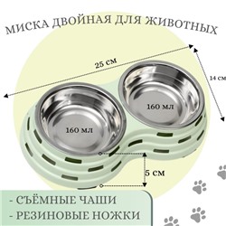 Миска металлическая двойная на пластиковом основании 2×160 мл, 25×14×5 см, зелёная