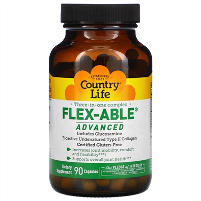 Country Life, Flex-Able Advanced, комплекс для суставов «три в одном», 90 капсул