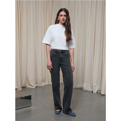 Актуальная коллекция CONTE CON-799 Чёрные джинсы straight ULTRA-LONG с эффектом потёртостей