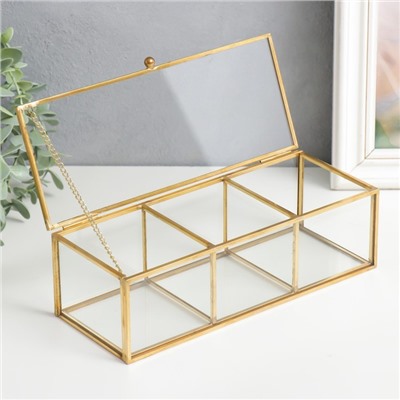 Шкатулка для украшений «3 деления», стекло, с металлическим каркасом, золото, 7×9×23 см