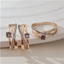 Комплект ювелирной бижутерии коллекция "Дубай" серьги и кольцо 19 р, покрытие позолота, вставка: фианиты и цирконы, цвет: фиолетовый и прозрачный, арт.215.698-19