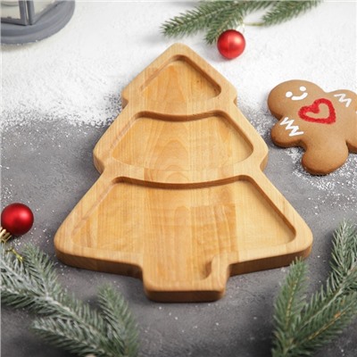 Менажница новогодняя Доляна «Ёлка», 3 секции, 30×20×1.8 см, пропитана маслом, дерево берёза