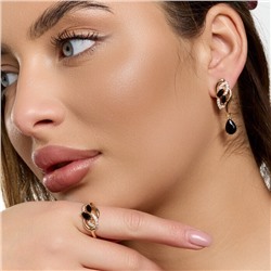 Комплект ювелирной бижутерии коллекция "Дубай" серьги и кольцо 17 р, покрытие позолота, вставка: фианиты и цирконы, цвет: черный и прозрачный, арт.215.740-17