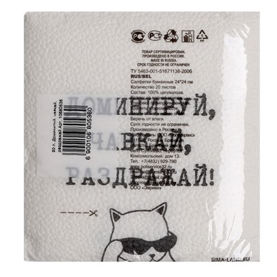 Салфетки бумажные однослойные «Доминируй, чавкай, раздражай», 24×24 см, набор 20 шт.