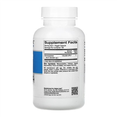 Lake Avenue Nutrition, серрапептаза, протеолитический фермент, 120 000 SPU, 180 растительных капсул