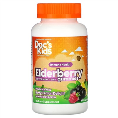 Doctor's Best, Doc's Kids, жевательные таблетки с бузиной, витамином C и цинком, со вкусом ягод и лимона, 60 жевательных таблеток