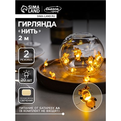 Гирлянда «Нить» 2 м роса с насадками «Олень», IP20, серебристая нить, 20 LED, 2 режима, батарейка ААх2 (нет в комплекте), свечение тёплое белое