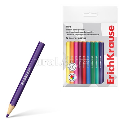 Цветные карандаши пластиковые, мини шестигранные 12 цветов (во флоупаке с европодвесом 12 шт)