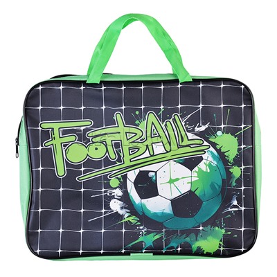 Папка школьника А4 с ручками + твердое дно, широкая, ткань, дизайн "GREEN FOOTBALL"
