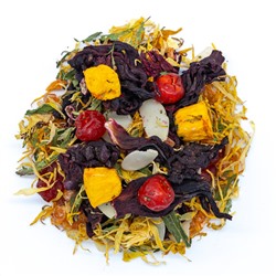 Чайная компания Фруктовый чай - Взрывная Маракуйя (бутоны каркаде, сушенная маракуйя, кусочки абрикоса, лепестки миндаля, сушенная вишня, календула, листья стевии, ароматизатор)