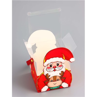 Складная коробка PVC с ручками, подарочная новогодняя, «Санта и подарки», 9×9×9.5 см