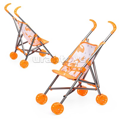Коляска кукольная (металлическая, трость, складная, цвет оранжевый) в пакете