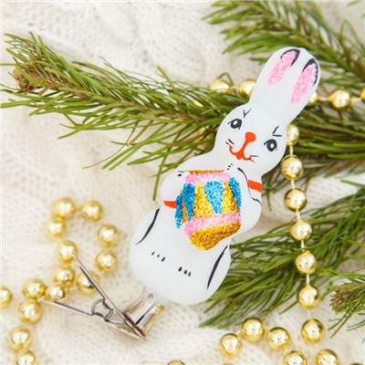 Ёлочная игрушка «Зайчик с барабаном» h=9.6 см