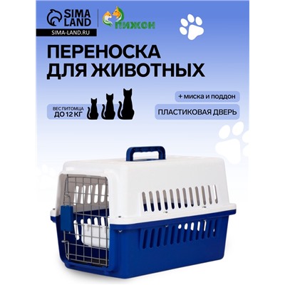 Переноска для животных, 49×31×31 см, с поддоном-решёткой и миской, пластик, белая, синяя