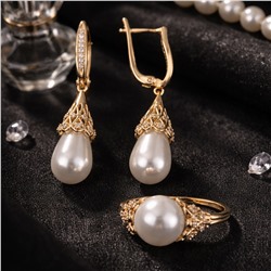 Комплект ювелирной бижутерии Итальянское золото (покрытие желтое 14к), серьги и кольцо 18 р, вставка: искусственный жемчуг и цирконы, арт.007.283-18