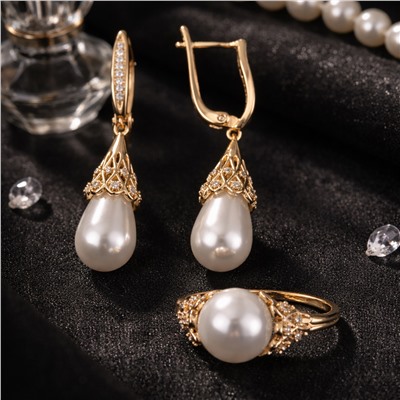 Комплект ювелирной бижутерии Итальянское золото (покрытие желтое 14к), серьги и кольцо 18 р, вставка: искусственный жемчуг и цирконы, арт.007.283-18