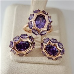 Комплект ювелирной бижутерии коллекция "Дубай" серьги и кольцо 20 р покрытие позолота, вставка: стекло, цвет: фиолетовый, арт.215.574-20