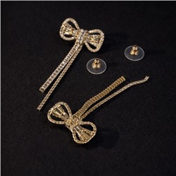 Серьги бантики бижутерия висячие вечерние с камнями, цвет: золотистый и прозрачный, арт.012.072