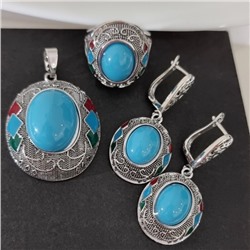 Крупный комплект ювелирной бижутерии серьги, кулон и кольцо 20 р, покрытие посеребрение, вставка: искусственный камень и эмаль, цвет: бирюзовый, арт.314.926-20