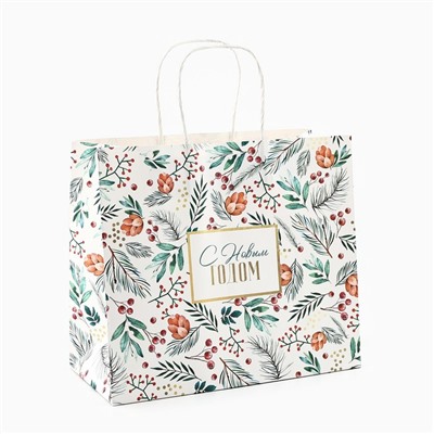 Пакет подарочный новогодний крафтовый «На лесной опушке», 25×22×12 см