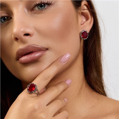 Комплект ювелирной бижутерии коллекция "Дубай" серьги и кольцо 17 р покрытие посеребрение, вставка: стекло и цирконы, цвет: красный и черный, арт.215.609-17