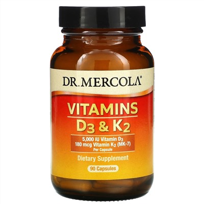 Dr. Mercola, витамины D3 и K2, 90 капсул