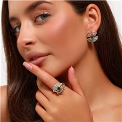 Комплект ювелирная бижутерия коллекция  "Дубай" серьги и кольцо 17 р, покрытие: позолота, вставка: фианит, цвет: зеленый и прозрачный, арт.313.110-17