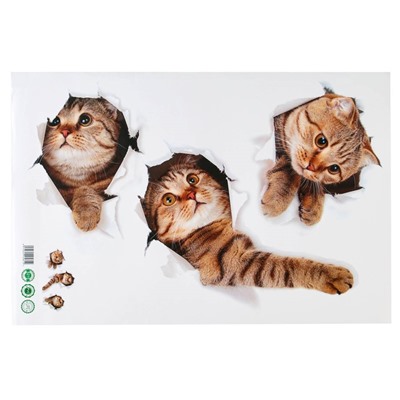 Наклейка интерьерная 3D на стену TAKE IT EASY «Три котика», 60×40 см, детская, влагостойкая, ПВХ