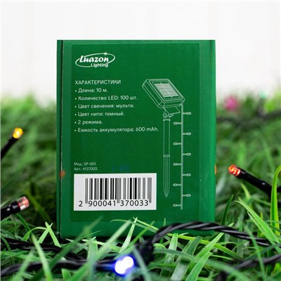 Гирлянда «Нить», 10 м, IP44, 100 LED, 2 режима, солнечная батарея, тёмная нить, свечение мульти