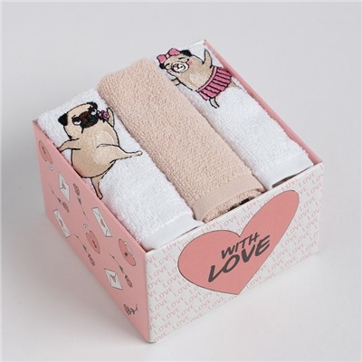 Набор полотенец «Мопсики» 30×30 см-3 шт., 100% хлопок 340 г/м²