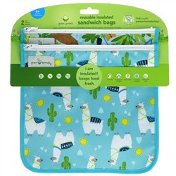 Green Sprouts, Reusable Insulated Sandwich Bags, 6+ Months, Aqua Llamas,  2 Pack