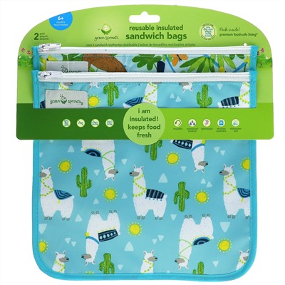 Green Sprouts, Reusable Insulated Sandwich Bags, 6+ Months, Aqua Llamas,  2 Pack