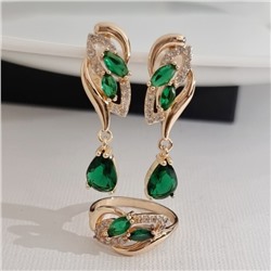 Комплект ювелирной бижутерии коллекция "Дубай" серьги и кольцо 18 р, покрытие позолота, вставка: фианиты и цирконы, цвет: зеленый и прозрачный, арт.215.739-18